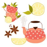 Set of vector illustrations of a teapot with cups, lemon and anise in a flat style. A tea set.