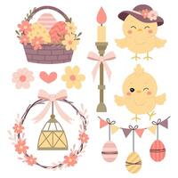 Set of Easter vector illustrations. Easter decor in flat style. Easter basket, chicken, wreath, candle, garland on a white background.