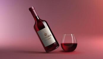 A realistic 3D wine bottle of sangria, mockup with a glass of wine. This fruity cocktail features red fluid, on smooth background, perfect for celebrations and parties. Not AI. vector