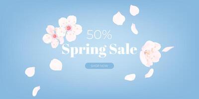 A spring sale banner with blue background and cherry flowers. Delicate petals falling creating a romantic and Japanese design perfect for celebrating the season. Not AI. vector