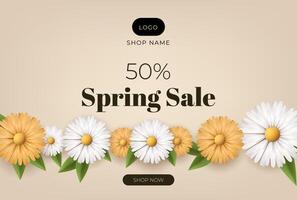 A spring sale banner with white yellow flowers, offering a 50 percent discount. Blossoms adorn the background, creating a cheerful and inviting design perfect for promotions and marketing. Not AI. vector