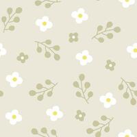 white flower petals with green branch cozy minimalist vintage garden background wallpaper seamless pattern vector