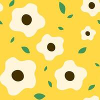 seamless pattern white flower abstract shapes hand drawn with green leaves in yellow background vector