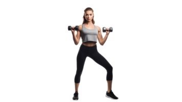 ai généré Jeune femme Faire faire des exercices exercice Couper dehors. isolé femme Faire faire des exercices avec haltère png