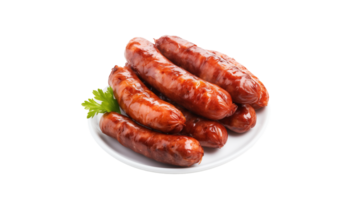 ai généré grillé saucisse sur assiette Couper dehors. isolé saucisse sur transparent Contexte png