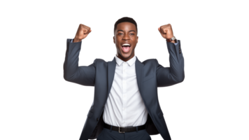 AI generated Happy black businessman celebrating success cut out. Isolated black man expression win png