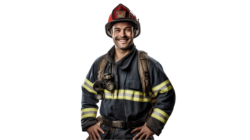 ai generado contento bombero oficial cortar afuera. sonriente fuego combatiente en transparente antecedentes png