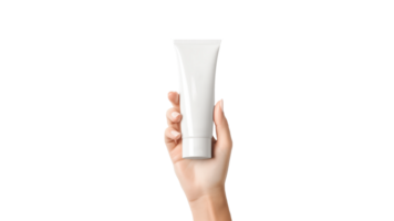 AI generated Hand holding creme tube cut out. Isolated hand with tube mockup on transparent background png