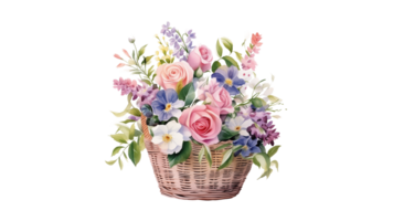 AI generated Bouquet of flowers in basket cutout. Flowers in basket in watercolor on transparent background. png