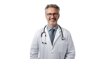 ai generado contento blanco médico cortar afuera. sonriente médico hombre con estetoscopio en transparente antecedentes png