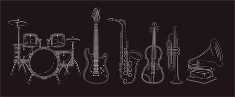 Musical instruments. Acoustic, electric and percussion cartoon vintage equipment for music concerts and party. jazz, folk and traditional set vector