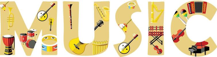 Musical instruments. Acoustic, electric and percussion cartoon vintage equipment for music concerts and party. jazz, folk and traditional set vector