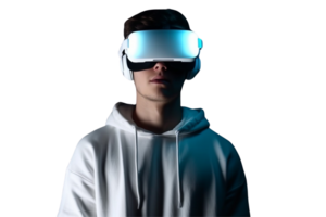 ai gerado homem vestindo vr óculos em transparente fundo png imagem