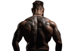 ai gegenereerd achteraanzicht van sterk bodybuilder met zes pak Aan transparant achtergrond PNG beeld