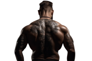 ai generiert Rückansicht von stark Bodybuilder mit sechs Pack auf transparent Hintergrund png Bild