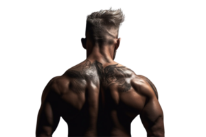 ai generiert Rückansicht von stark Bodybuilder mit sechs Pack auf transparent Hintergrund png Bild