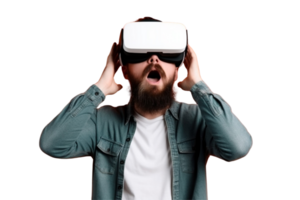 ai gerado surpreso homem vestindo vr fone de ouvido em transparente fundo png imagem