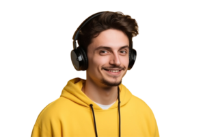 AI generated Happy man wearing headphone on transparent background PNG image