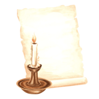 Sheet of parchment handwritten paper, burning candle in candlestick. Template old writing supplies. Hand drawn watercolor illustration. Isolated retro composition for design card, packaging, sticker. png