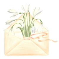 Watercolor bouquet of white snowdrops flower with ribbon in envelope. Isolated hand drawn illustration spring blossom. Floral template for postcard, packaging, tableware, textile, sticker, embroidery. png