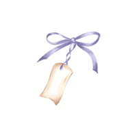vattenfärg gåva märka på band med rosett violett delikat. isolerat hand dragen illustration med kopia Plats för text. tömma mall för försäljning reklam, bukett och vykort, Semester förpackning, gåva. png