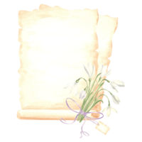 Watercolor composition papyrus, aged sheets paper with bouquet of white snowdrops flower with bow and tag. Isolated hand drawn illustration template for card, packaging and covers, textile, sticker. png