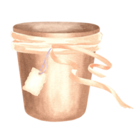 terracotta klei bloem pot met linten en label, waterverf illustratie van tuin benodigdheden. huis decor keramisch pot voor planten. geïsoleerd hand- getrokken sierteelt sjabloon voor ontwerp, sticker, textiel. png