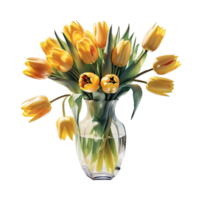 AI generated Large bouquet of yellow Dutch tulips in glass vase isolated on PNG background.