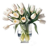 AI generated Luxurious bouquet of white tulips in a glass vase isolated on PNG background.