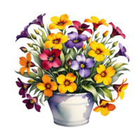 AI generated Bouquet of many yellow-violet flowers in a wide pot isolated on PNG background.