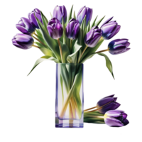 AI generated Luxurious bouquet of purple tulips in a glass vase isolated on PNG background.