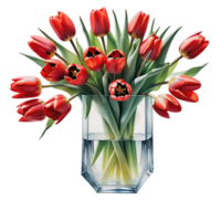 AI generated Luxurious bouquet of red tulips in a glass vase isolated on PNG background.