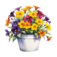 AI generated Bouquet of many yellow-violet flowers in a wide pot isolated on PNG background.