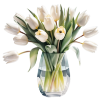 AI generated Luxurious bouquet of white tulips in a glass vase isolated on PNG background.