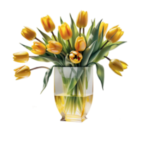 AI generated Large bouquet of yellow Dutch tulips in glass vase isolated on PNG background.