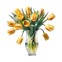 AI generated Large bouquet of yellow Dutch tulips in glass vase isolated on PNG background.