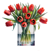 AI generated Luxurious bouquet of red tulips in a glass vase isolated on PNG background.