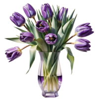 AI generated Luxurious bouquet of purple tulips in a glass vase isolated on PNG background.