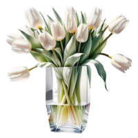 AI generated Luxurious bouquet of white tulips in a glass vase isolated on PNG background.