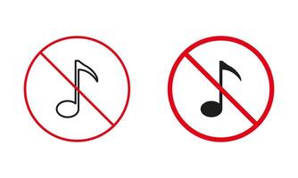 Silence Zone. Musical Note Prohibit Line And Silhouette Icons. No Music Allowed Warning Sign Set. No Sound Area, Not Place for Sing Music Red Circle Symbol. Isolated Vector Illustration