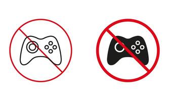 Game Pad Console Line and Silhouette Icons. Gamepad Control Not Allowed, Ban Joystick Warning Sign Set. Video Game Forbidden Zone Symbol. Isolated Vector Illustration