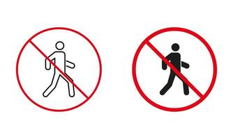 Pedestrian Walking Not Allowed Road Sign. No Entrance for the Man Circle Symbol Set. Prohibit Traffic Red Sign. No Access To Pedestrian Line and Silhouette Icons. Isolated Vector Illustration