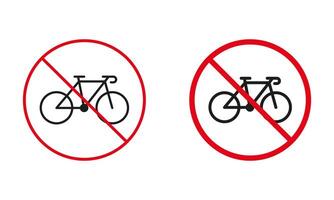 bicicleta no permitido la carretera signo. bicicletas prohibición circulo símbolo colocar. bicicleta prohibir tráfico rojo signo. bicicleta estacionamiento prohibido línea y silueta iconos aislado vector ilustración