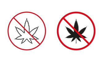 No Marijuana Allowed Warning Sign Set. Smoking Forbidden, Cannabis Prohibit Line And Silhouette Icons. Weed, Hemp, THC In Red Circle Symbol. Isolated Vector Illustration