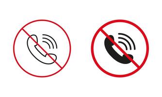 No Call Allowed Warning Sign Set. Receive Incoming Calls on Mobile Phone Prohibited Line And Silhouette Icons. Handset In Red Circle Symbol. Keep Silence Zone. Isolated Vector Illustration