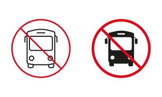 Bus Not Allowed Road Sign. Shuttle Station Circle Warning Symbol Set. Prohibit Traffic Red Sign. City Public Transport Line and Silhouette Forbidden Icons. Isolated Vector Illustration