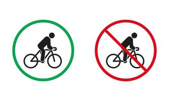 Man on Bike Warning Sign Set. Drive Bicycle Allowed and Prohibit Silhouette Icons. Cycling Red and Green Circle Symbol. Bike Race Zone. Isolated Vector Illustration