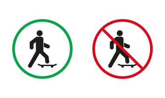 patinar advertencia firmar colocar. hombre en patineta permitido y prohibir silueta iconos persona en patinar tablero rojo y verde circulo símbolo. entrada con eco ciudad transporte. aislado vector ilustración