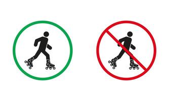 Roller Skating Warning Sign Set. Roller Skate Allowed and Prohibit Silhouette Icons. Entry On Rollerskate Symbol. Isolated Vector Illustration