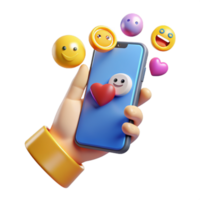 3d mão segurando telefone com emoji, mínimo social meios de comunicação com emoji, desenho animado mínimo ícone. png